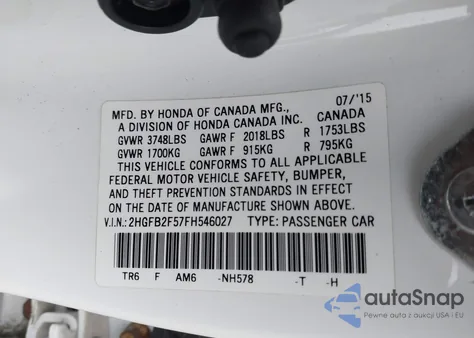 2015 Honda Civic Lx z USA, uszkodzony, nr VIN 2HGFB2F57FH546027